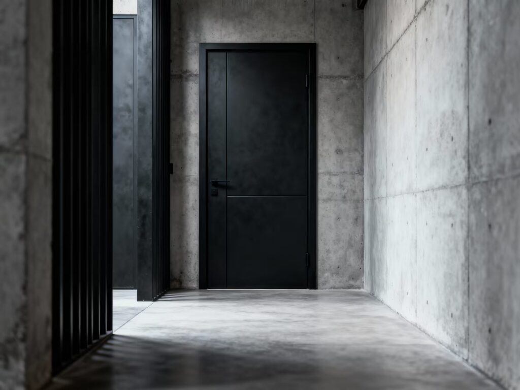 17 Desain Pintu Kamar Tidur Mewah untuk Rumah Mewah 26 9. Pintu Black Industrial dengan Pola Panel Geometris