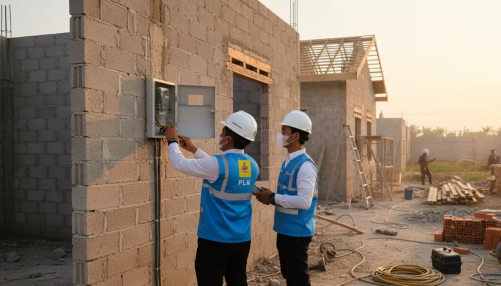 Cara Pasang Listrik untuk Rumah Baru Lewat PLN Mobile 2 Petugas PLN memasang listrik baru di rumah yang sedang dibangun