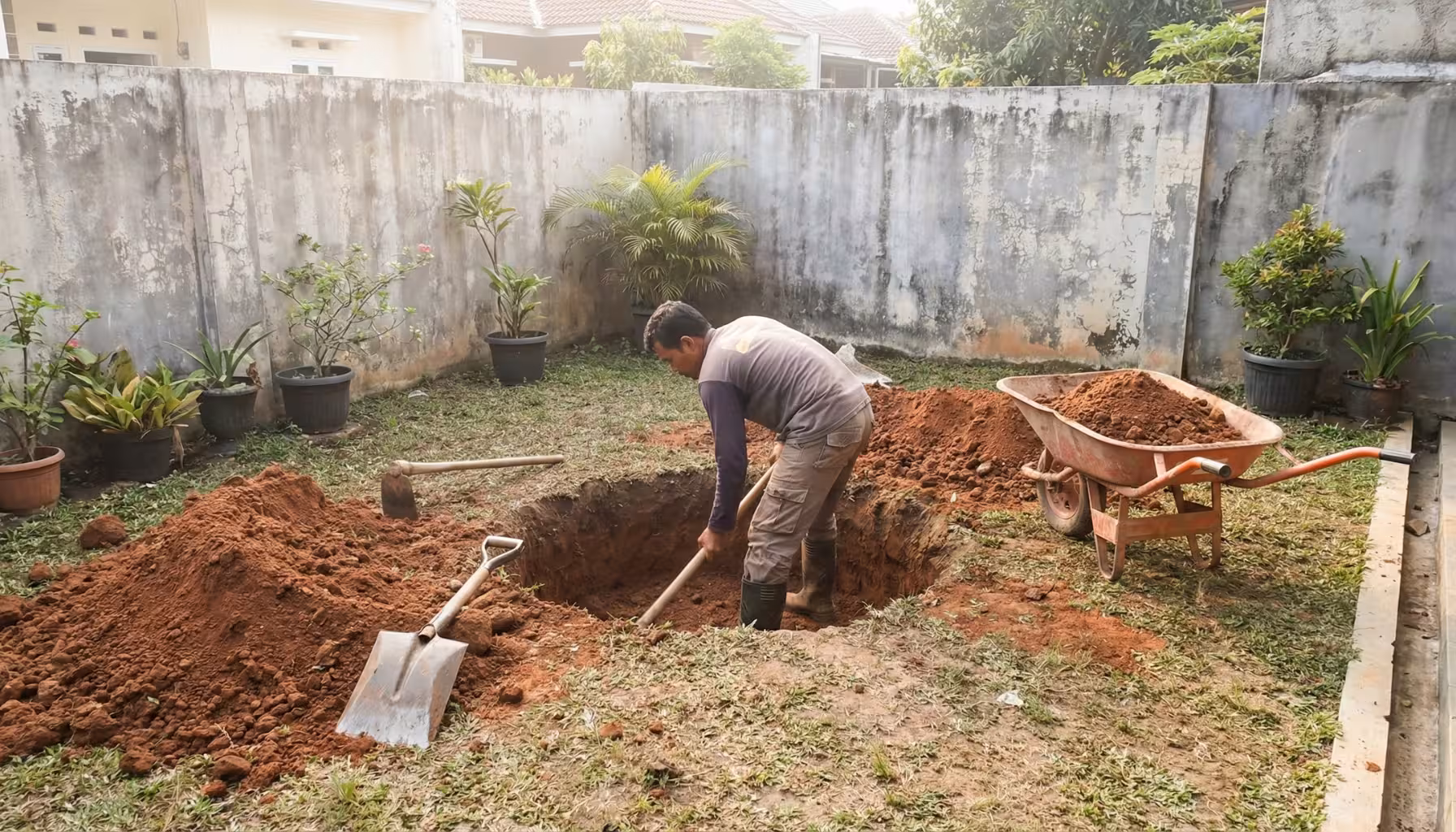 Pekerja menggali sumur resapan di halaman rumah untuk mengelola air hujan