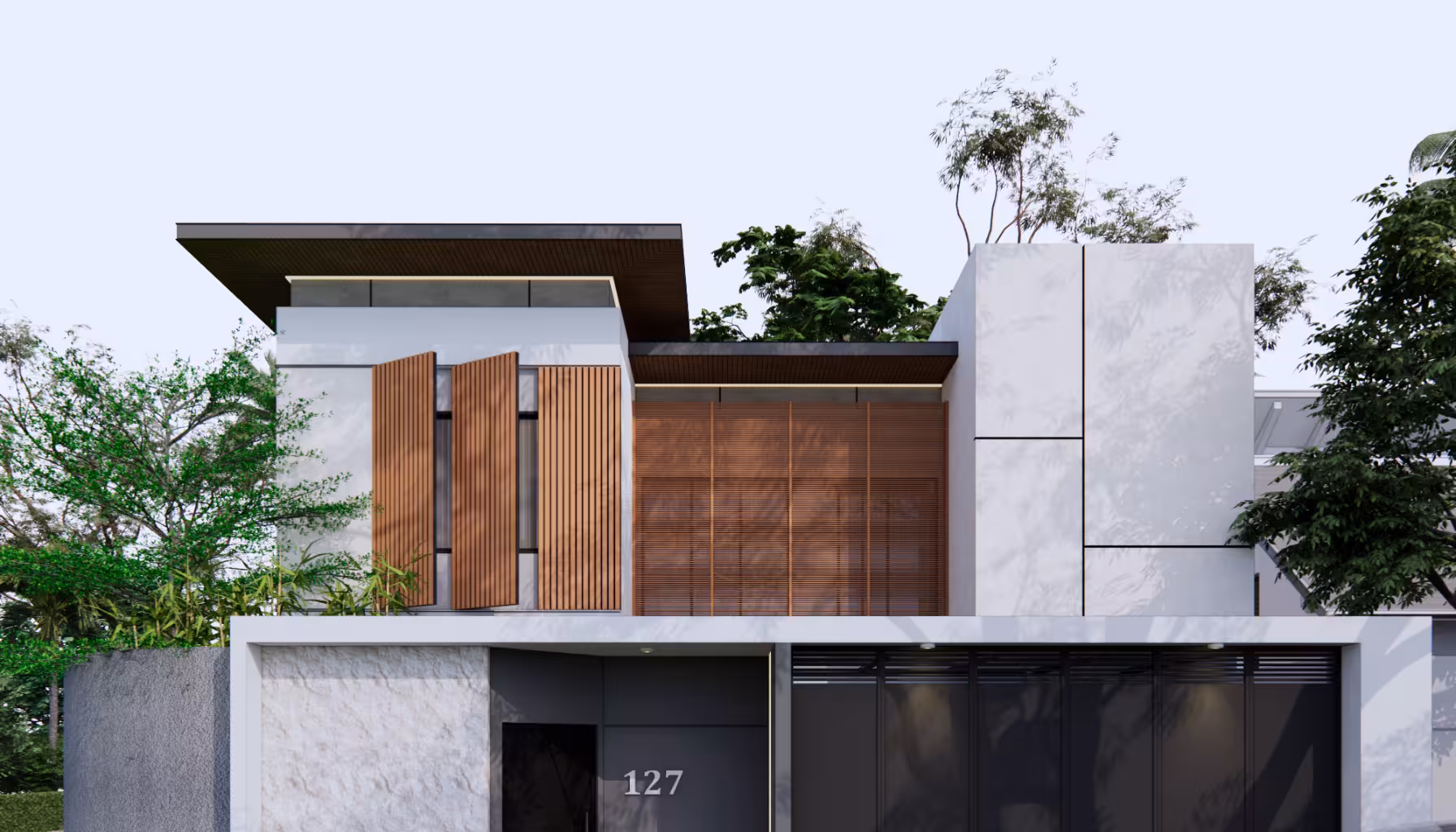 Secondary skin kisi-kisi kayu pada fasad rumah modern minimalis.