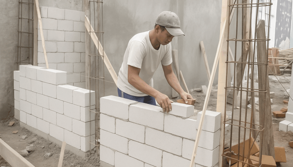 Cara Pasang Hebel untuk Dinding Rumah agar Lurus dan Rapi 3 Tukang sedang memasang dinding hebel dengan lurus dan rapi.