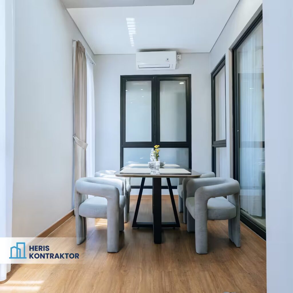 Tata ruang dining room minimalis dengan meja tengah dan kursi simetris